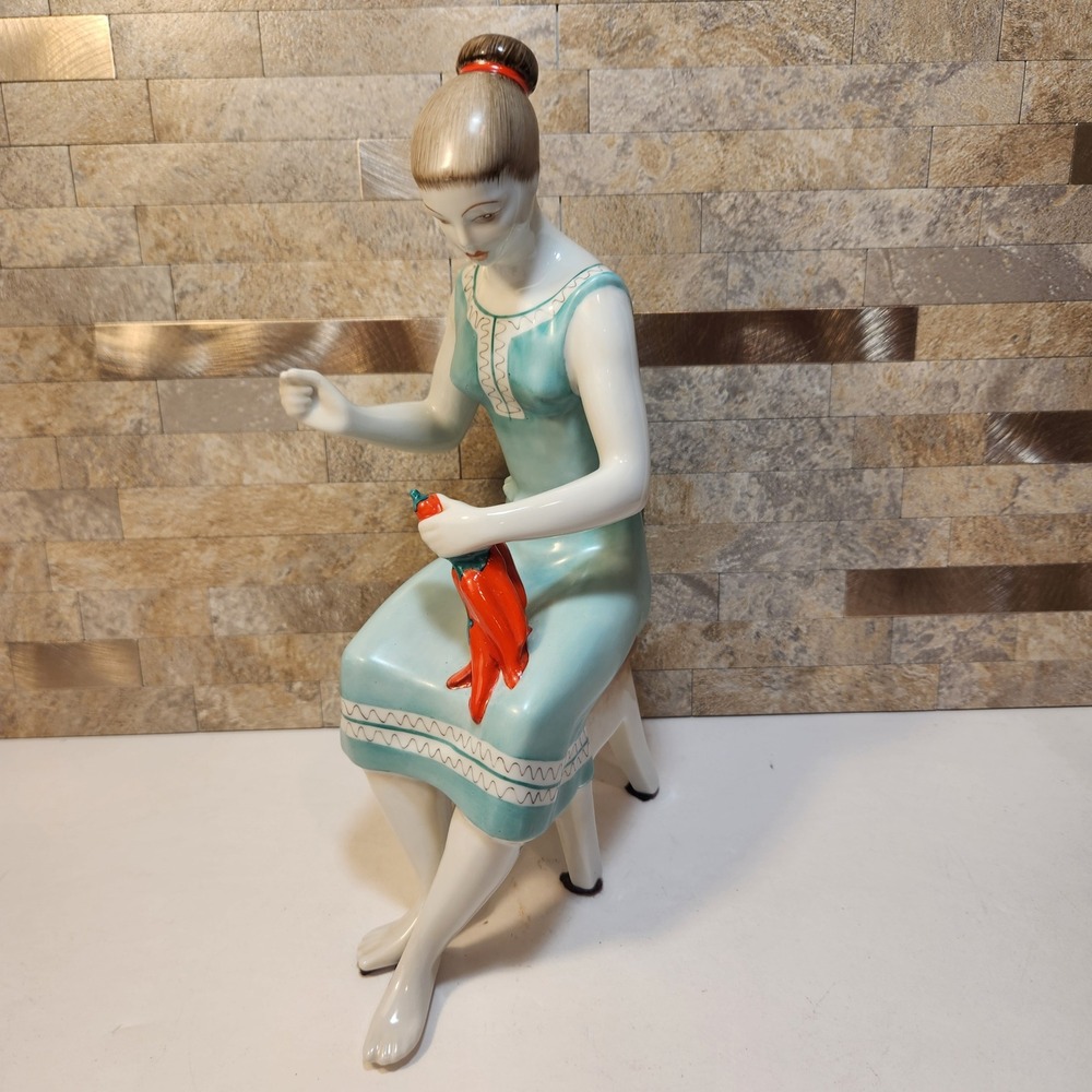 Hollohaza Hungary Porcelain Figurine Woman Peeling Red Peppers Teal Dress 11"